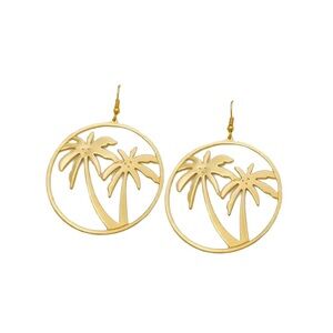 Gold Round Palm Tree Drop Earrings